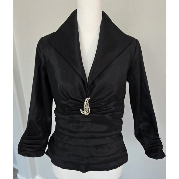Tadashi Soji Stretch Taffeta Rouched Evening Cocktail Black Brooch Blouse Sz 8 - Picture 13 of 13